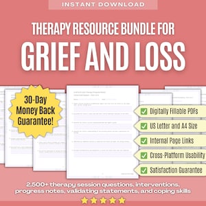 Grief and Loss Therapy Resource Bundle | Therapy Session Questions, Therapy Interventions, Therapy Progress Notes, Validating Statements