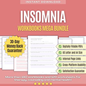 Puede incluir: Un paquete de productos digitales para el insomnio que incluye más de 180 cuadernos de trabajo y 120 hojas de trabajo para terapia, asesoramiento y salud mental. El paquete incluye una garantía de devolución de dinero de 30 días y ofrece PDF rellenables digitalmente en tamaño US Letter y A4, enlaces internos de página, usabilidad multiplataforma y una garantía de satisfacción.