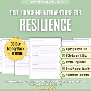Puede incluir: Una descarga digital de más de 90 páginas de intervenciones de coaching para la resiliencia. La descarga incluye una garantía de devolución de dinero de 30 días, archivos PDF rellenables digitalmente, tamaño carta y A4, enlaces internos de página, usabilidad multiplataforma y una garantía de satisfacción.