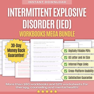 Puede incluir: Una lista de productos de descarga digital rosa y blanca para cuadernos de trabajo sobre el trastorno explosivo intermitente (TEI). La lista incluye una garantía de devolución de dinero de 30 días y ofrece un paquete de más de 180 cuadernos de trabajo y 120 hojas de trabajo. Los cuadernos de trabajo son PDF rellenables digitalmente en tamaño carta de EE. UU. y A4, con enlaces internos a las páginas y usabilidad multiplataforma. La lista también incluye una garantía de satisfacción.