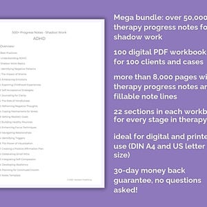 Content overview – page preview printable PDF bundle Therapy Progress Notes Shadow Work English