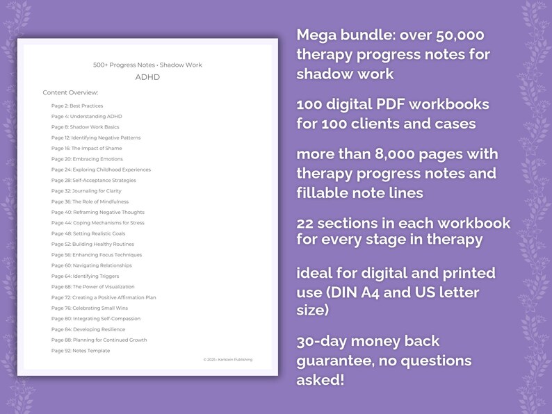 Content overview – page preview printable PDF bundle Therapy Progress Notes Shadow Work English