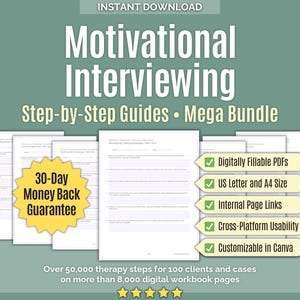 May include: A digital product bundle titled "Motivational Interviewing" with "Step-by-Step Guides" and a "Mega Bundle" offer. The image includes several pages of guides, a 30-day money-back guarantee, and features like fillable PDFs and US Letter/A4 size.