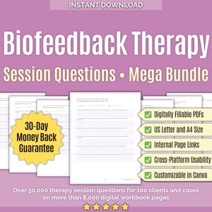 Terapia di biofeedback • Mega Bundle di domande per le sessioni • Guida alla frequenza cardiaca, strumenti, Canva, domande e risposte sulla consulenza, fogli di lavoro, sensori di stress, modelli