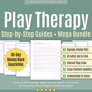 Könnte beinhalten: Digitales Download-Bundle mit dem Titel "Play Therapy" mit Schritt-für-Schritt-Anleitungen. Enthält ausfüllbare PDFs, US Letter- und A4-Größen, interne Links, plattformübergreifende Benutzerfreundlichkeit und Canva-Anpassung. 30-Tage-Geld-zurück-Garantie.