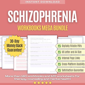 Könnte beinhalten: Eine rosa und weiße digitale Download-Produktliste für ein Arbeitsbuchpaket zum Thema Schizophrenie. Die Liste beinhaltet eine 30-tägige Geld-zurück-Garantie und Funktionen wie digital ausfüllbare PDFs, US Letter und A4 Format, interne Seitenlinks, plattformübergreifende Nutzbarkeit und eine Zufriedenheitsgarantie. Die Liste besagt auch, dass das Paket über 180 Arbeitsbücher und 120 Arbeitsblätter für Therapie, Beratung und psychische Gesundheit enthält.