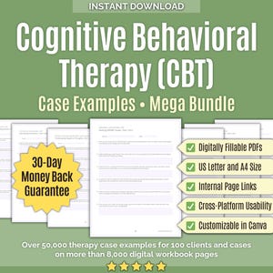 Op de afbeelding: Een digitale afbeelding met de tekst "Cognitieve Gedragstherapie (CGT) Case Voorbeelden Mega Bundle". De afbeelding toont documentpagina's, een 30-dagen geld-terug-garantie en functies zoals invulbare PDF's en US Letter/A4-formaat.