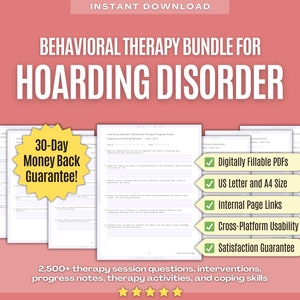 Puede incluir: Un paquete de terapia para el trastorno de acumulación, descargable digitalmente. El paquete incluye más de 2.500 preguntas de sesión de terapia, intervenciones, notas de progreso, actividades de terapia y habilidades de afrontamiento. El paquete está disponible en tamaño US Letter y A4, es rellenable digitalmente y tiene enlaces internos de página. El paquete viene con una garantía de devolución de dinero de 30 días.