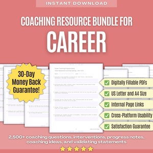 Pode incluir: Um pacote de recursos digitais para coaching de carreira com mais de 2.500 perguntas de coaching, intervenções, notas de progresso, ideias de coaching e declarações de validação. O pacote inclui uma garantia de devolução do dinheiro de 30 dias e está disponível em tamanho carta dos EUA e A4. Os PDFs são preenchíveis digitalmente e têm links internos de página. O pacote também oferece usabilidade multiplataforma e uma garantia de satisfação.