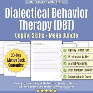 Terapia dialéctica conductual (DBT) • Paquete completo de habilidades de afrontamiento • INGLÉS • Libros de trabajo, tarjetas de habilidades de afrontamiento, asesoramiento, regulación de emociones