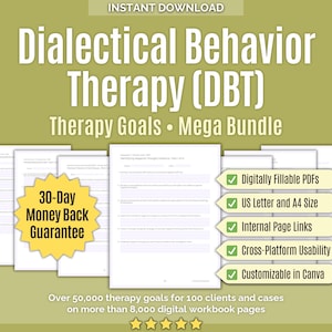 Könnte beinhalten: Ein digitales Download-Bundle für Dialektische Verhaltenstherapie (DBT). Das Bild zeigt mehrere Seiten mit Therapiezielen, mit dem Text "Therapy Goals Mega Bundle". Enthält ausfüllbare PDFs, US Letter- und A4-Größe, interne Links, plattformübergreifende Benutzerfreundlichkeit und anpassbar in Canva.