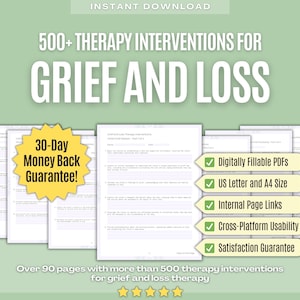Peut inclure: Téléchargement numérique de plus de 90 pages d'interventions thérapeutiques pour le deuil et la perte. Le téléchargement comprend plus de 500 interventions, est remplissable numériquement et est assorti d'une garantie de remboursement de 30 jours.