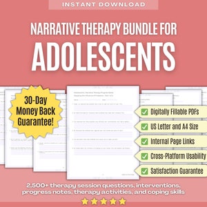 以下が含まれることがあります： ピンクの背景に白い文字で「Narrative Therapy Bundle for Adolescents」と書かれています。左下の隅には、「30-Day Money Back Guarantee!」という文字が書かれた黄色の円があります。画像は、物語療法のための印刷可能なPDFワークシートのセットを示しています。ワークシートはデジタルで記入でき、USレターとA4サイズで入手可能で、内部ページリンクがあります。画像の下部には、「2,500+ therapy session questions, interventions, progress notes, therapy activities, and coping skills」というテキストがあります。