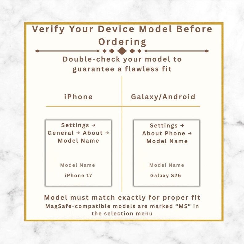 May include: An informational graphic with brown text on a white background. It instructs customers to verify their device model before ordering. It provides navigation steps for iPhone and Galaxy/Android settings to locate the specific model name.