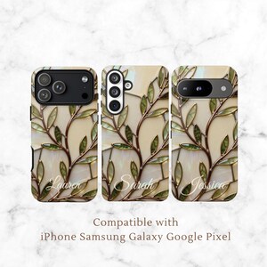 Three phone cases with a stained glass design featuring green leaves and branches on a cream background. Each case is personalized with a name: Lauren, Sarah, and Jessica. The cases are compatible with iPhone, Samsung Galaxy, and Google Pixel phones.
