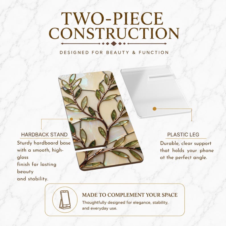 May include: A two-piece phone stand featuring a hardboard base with a decorative green leaf and vine pattern on a cream background, paired with a clear plastic support leg. Text on the image reads: TWO-PIECE CONSTRUCTION, HARDBACK STAND, PLASTIC LEG.