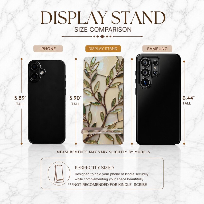 May include: A display stand featuring a decorative leaf pattern in shades of green and cream, shown alongside an iPhone measuring 5.89 inches tall and a Samsung phone measuring 6.44 inches tall. The stand itself is labeled as 5.90 inches tall.