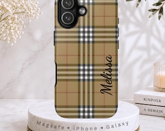 Personalized Tan Plaid Phone Case, Classic Check Case for iPhone Samsung Google Pixel, Custom Name Gift for Him Her, Student Aesthetic
