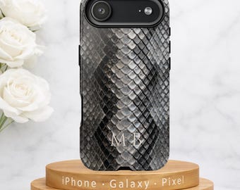 Monogram Snakeskin Phone Case, Refined Python Texture MagSafe Case for iPhone Samsung Google Pixel, Luxury Faux Leather Look, Initials Cover