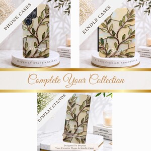 May include: A phone case, a Kindle case, and a display stand, each featuring a cream-colored background with a stained-glass style pattern of brown branches and green leaves. The items are personalized with the names Mallory, Barbara, and Samantha.