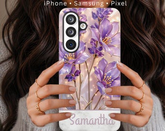 Personalized Lavender Marble Flower Phone Case, Custom Name Floral Case for iPhone, Samsung s26 Google Pixel, Elegant Feminine Gift for Her