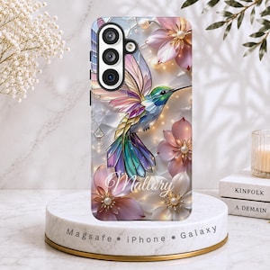 Personalized Stained Glass Hummingbird Phone Case for iPhone, Samsung Galaxy s26, Google Pixel 3D Floral Art Design Custom Name Gift for Her