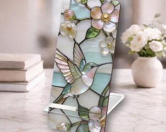 Supporto per telefono con colibrì color pastello, supporto per smartphone con decorazioni floreali in vetro colorato per scrivania, ufficio e casa.