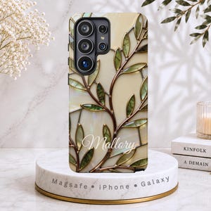 Stained Glass Botanical Phone Case, Elegant Leaf Art 3D Phone Case for MagSafe iPhone Samsung Pixel, Neutral Nature Inspired Luxury Design