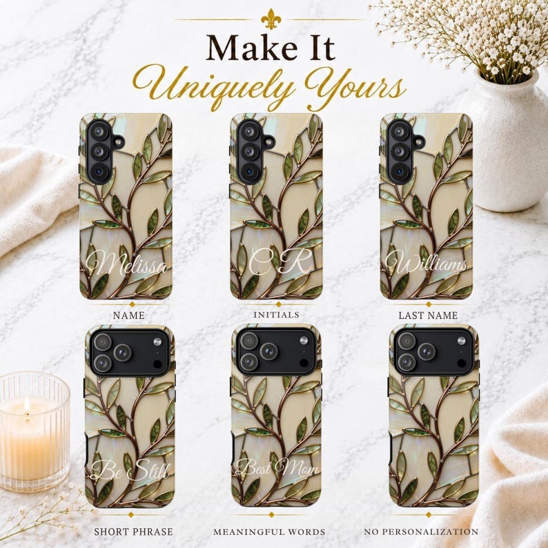 Stained Glass Botanical Phone Case, Elegant Leaf Art 3D Phone Case for MagSafe iPhone Samsung Pixel, Neutral Nature Inspired Luxury Design image 4