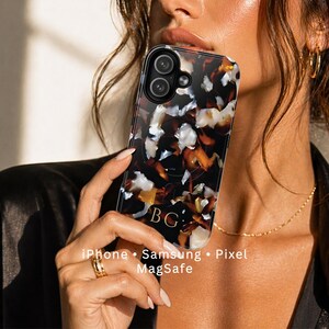 Marbled Tortoise Shell Phone Case with Name MagSafe iPhone Samsung Pixel, Luxury Personalized Gift