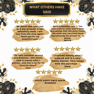 K&ouml;nnte beinhalten: Grafik mit Kundenbewertungen, goldenen Sternen und dem Text "WHAT OTHERS HAVE SAID." Die Bewertungen loben die Produktqualit&auml;t und den Service. Das Design umfasst schwarze und goldene florale Elemente.