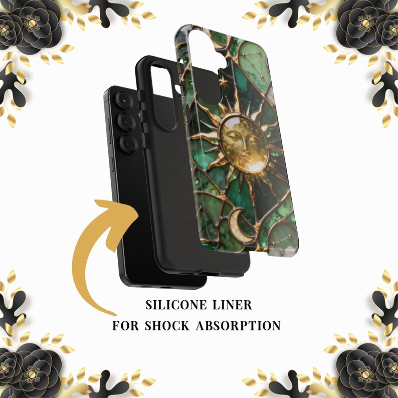 K&ouml;nnte beinhalten: Ein schwarzes Smartphone mit einer Schutzh&uuml;lle mit einem Sonnen- und Monddesign in Gold und Gr&uuml;n. Die H&uuml;lle ist geschichtet und zeigt ein Silikonfutter zur Sto&szlig;absorption. Der Text "SILICONE LINER FOR SHOCK ABSORPTION" ist enthalten.