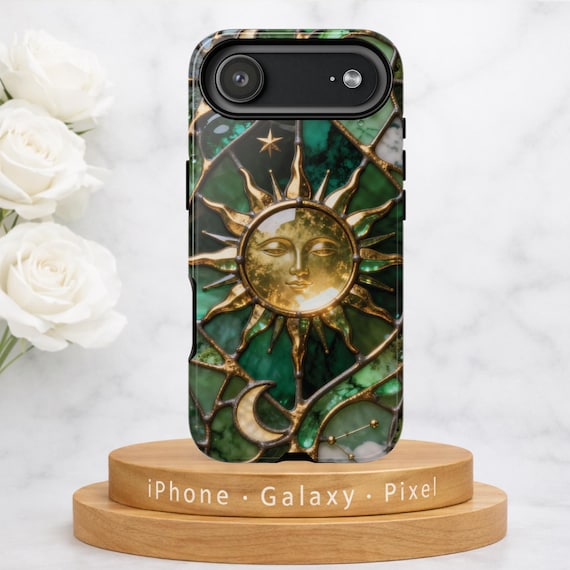 Emerald Stained Glass Sun Phone Case, Green Celestial MagSafe Cover for iPhone Samsung Pixel, Luxury Sun Moon Star Phone Case Gift for Her