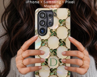 Monogrammed Celtic Stained Glass Phone Case, Emerald Gold Knot Design,Irish Heritage Art,Personalized MagSafe iPhone Samsung s26 Pixel Cover