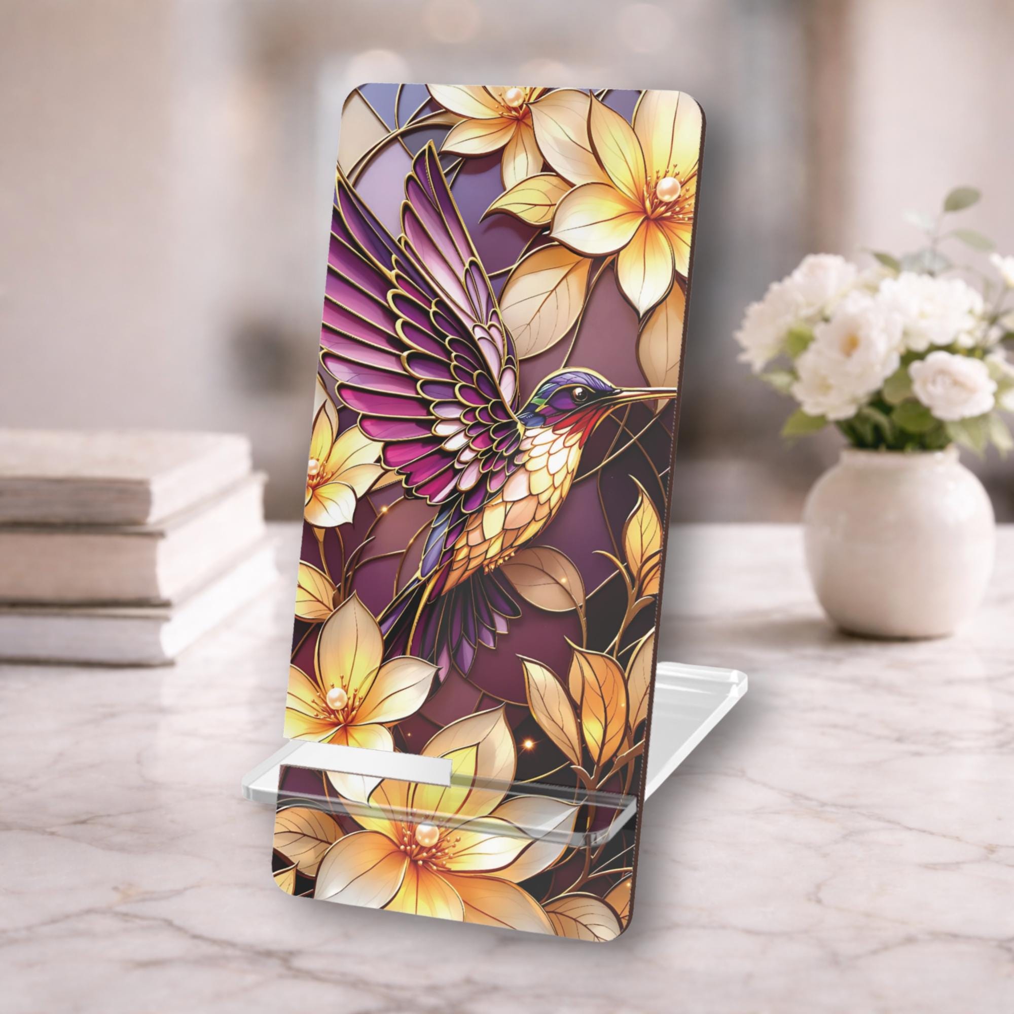 Purple Hummingbird Phone Stand, Stained Glass Effect, Artistic Bird ...