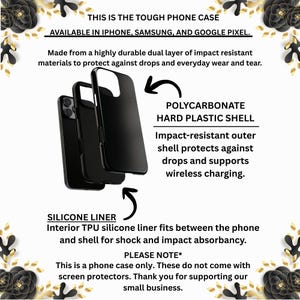 K&ouml;nnte beinhalten: Schwarze Handyh&uuml;lle mit zweilagigem Design f&uuml;r Sto&szlig;festigkeit. Hergestellt aus einer Hartplastikschale aus Polycarbonat und einem Silikonfutter. Der Text lautet: &bdquo;THIS IS THE TOUGH PHONE CASE&ldquo; und &bdquo;AVAILABLE IN IPHONE, SAMSUNG, AND GOOGLE PIXEL&ldquo;.