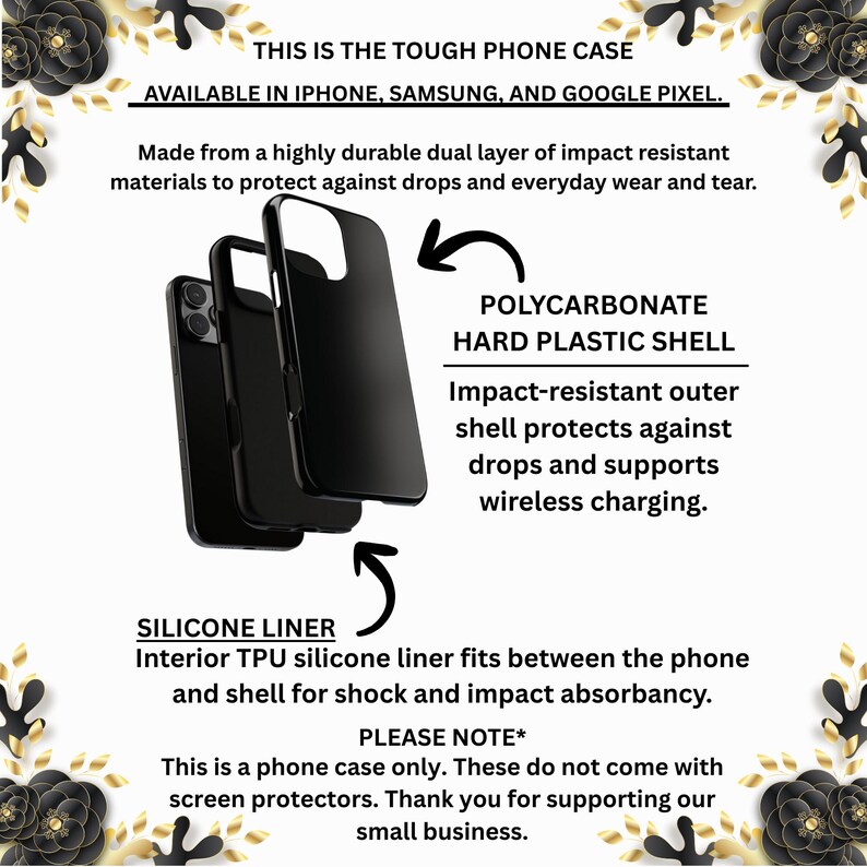 K&ouml;nnte beinhalten: Schwarze Handyh&uuml;lle mit zweilagigem Design f&uuml;r Sto&szlig;festigkeit. Hergestellt aus einer Hartplastikschale aus Polycarbonat und einem Silikonfutter. Der Text lautet: &bdquo;THIS IS THE TOUGH PHONE CASE&ldquo; und &bdquo;AVAILABLE IN IPHONE, SAMSUNG, AND GOOGLE PIXEL&ldquo;.