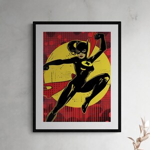 May include: A black and yellow superhero illustration with a red background. The superhero is in a dynamic pose, with one leg extended and the other bent. The superhero is wearing a mask and a cape.