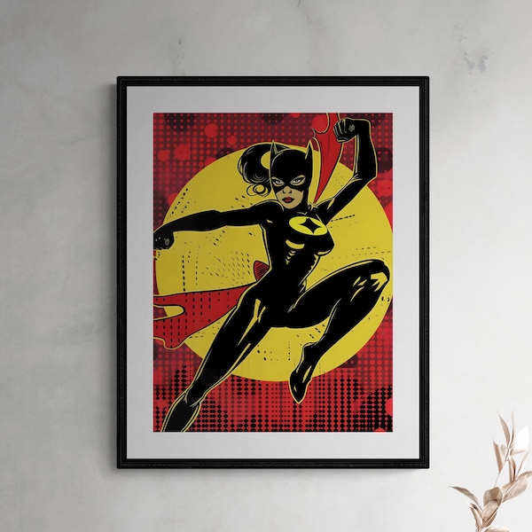 A female superhero in a dynamic action pose Dynamic Superheroine Illustration  vivid yellow cape  pop art dot background in red and yellow.