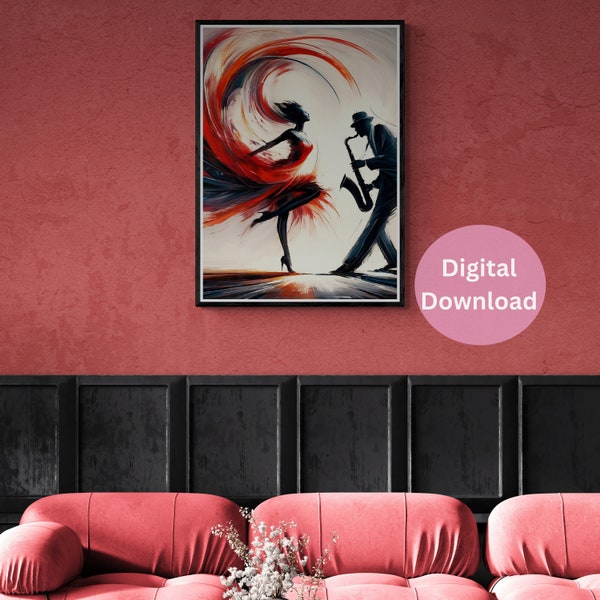 Abstract Expressionist Painting Jazz Dancer and Saxophonist Art in Red and Black Capturing Movement Music Bold Red Swirls and Silhouettes
