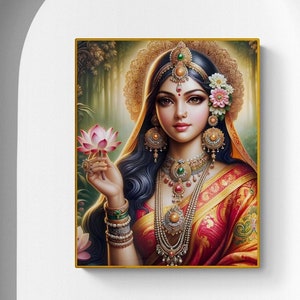 Puede incluir: Una pintura de una mujer con un sari rojo y dorado, con una flor en la mano. Lleva joyas elaboradas y una corona. El fondo es un bosque verde.