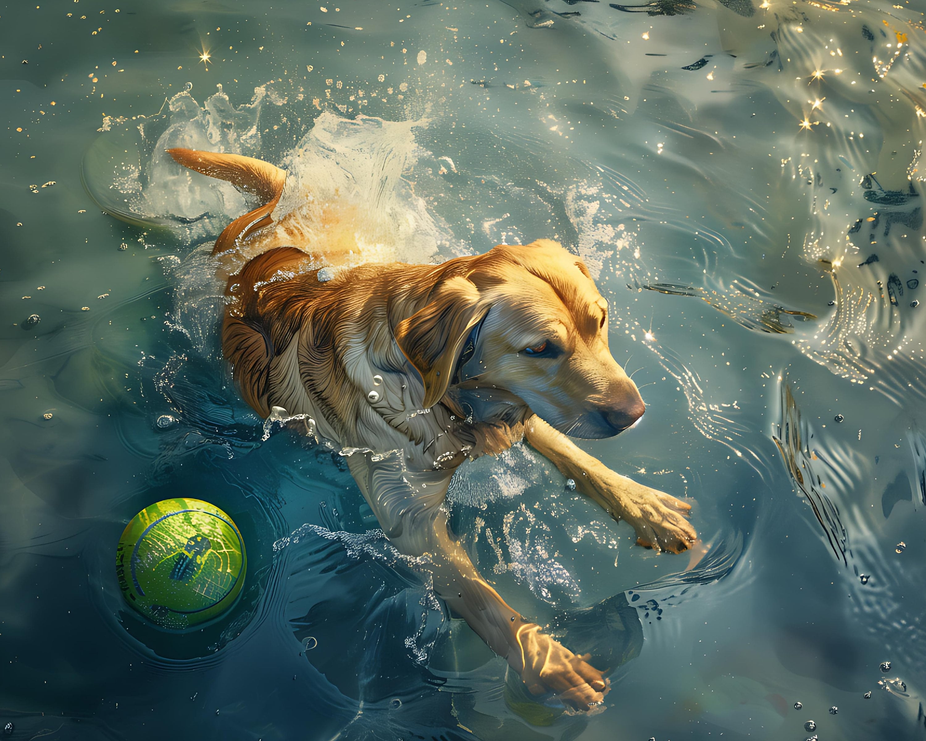 テニスボールを持って泳ぐゴールデンレトリバー - 見事なデジタルアート 水中で楽しそうなゴールデンレトリバー - ダイナミックなデジタルイラスト -  Etsy 日本, image size:3000x2400