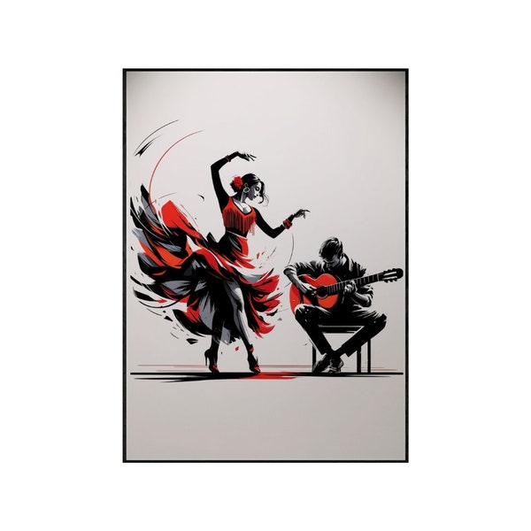 Stylized Tango Flamenco Passionate Dance Illustration with Bold Red Accents and Guitarist Silhouette Vibrant contrast Energetic Dramatic