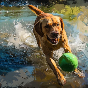 May include: A golden retriever dog runs through the water with a green ball in its mouth. The dog is splashing water as it runs. The background is a blurred image of a pond with green and brown colors.
