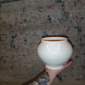 Puede incluir: Una maceta de cerámica blanca con cuerpo redondeado y una abertura ancha. La maceta está sentada en una mano.