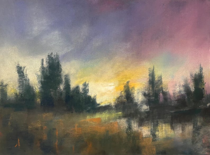 May include: A pastel painting of a forest scene at sunset. The sky is a mix of purple, pink, and yellow, with clouds. The trees are silhouetted against the sky, and there is a body of water in the foreground.
