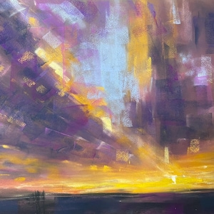 Original painting, sunrise painting, soft pastel art, artwork, dramatic sky, original wall art, landscape painting, skyscape sun art
