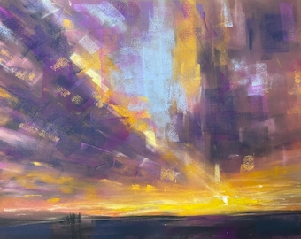 Original painting, sunrise painting, soft pastel art, artwork, dramatic sky, original wall art, landscape painting, skyscape sun art