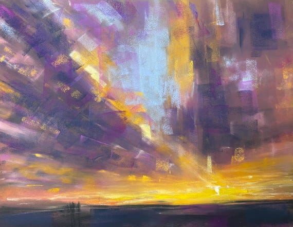 Original painting, sunrise painting, soft pastel art, artwork, dramatic sky, original wall art, landscape painting, skyscape sun art