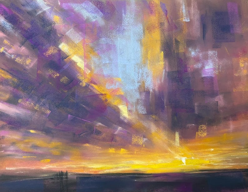 Originalmålning, soluppgångsmålning, konstverk i mjuk pastellfärg, konstverk, dramatisk himmel, original väggkonst, landskapsmålning, solkonst för himmelslandskap bild 1